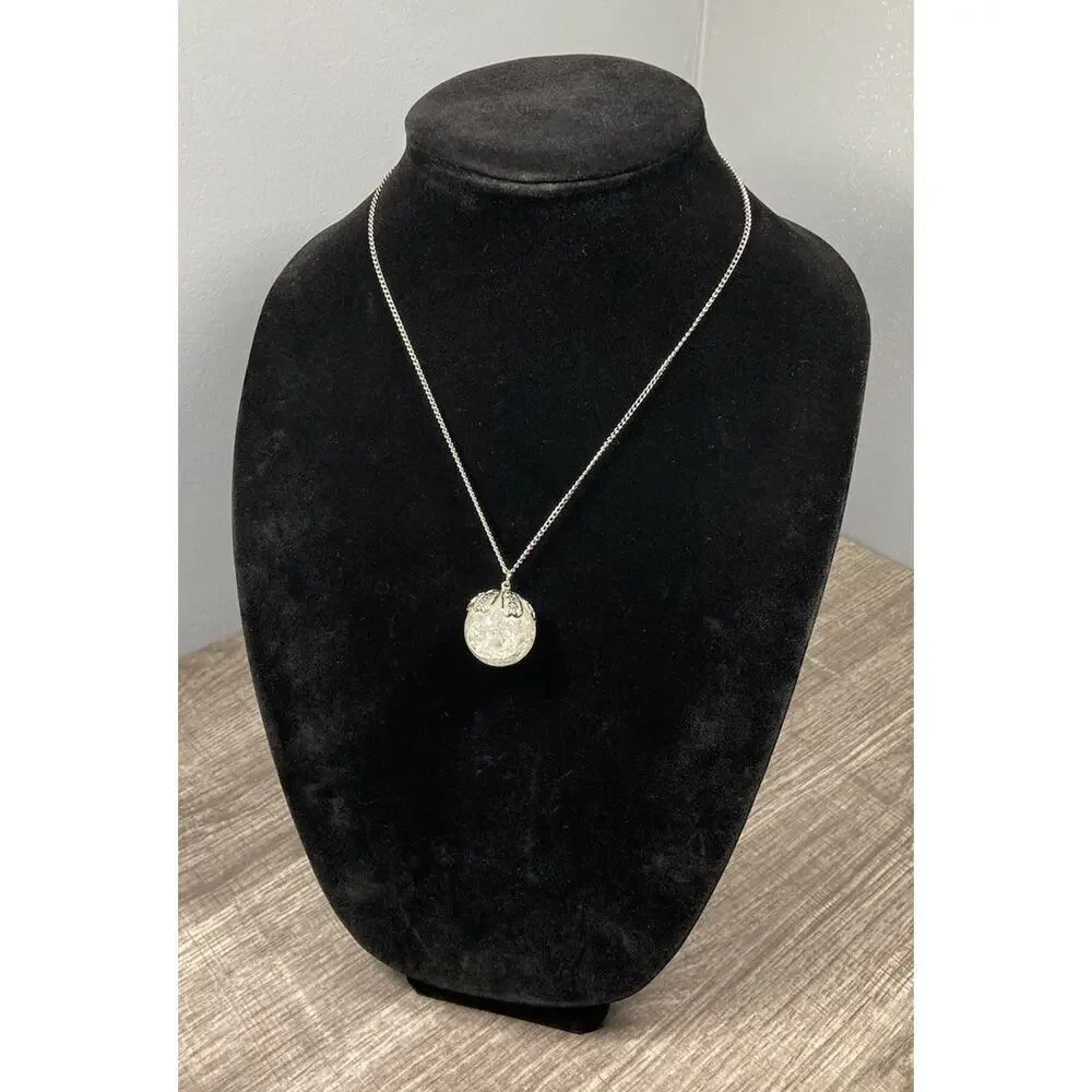 Vintage Clear Crackle Glass Floral Ball Orb Pendant Silver Tone Necklace 18”